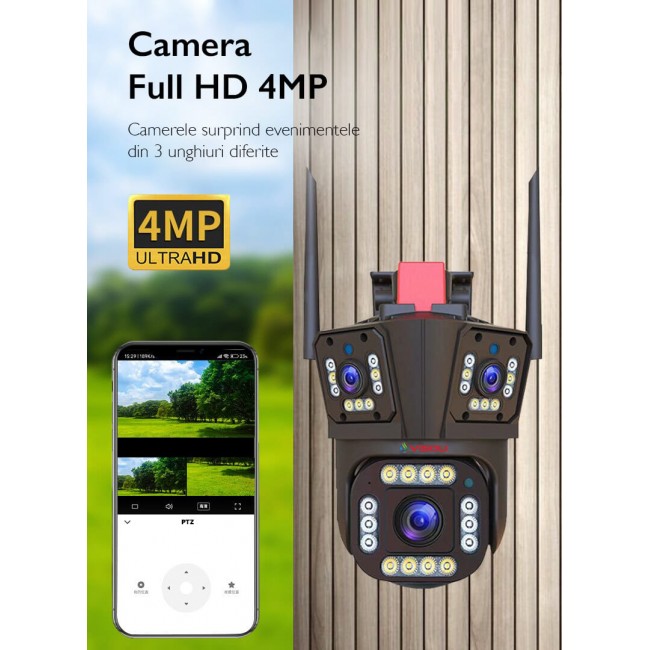 Camera de Supraveghere Tripla WIFI Visoli® P11 Pro, 12MP Rezolutie 5K, Interior/Exterior, Zoom 5X, Comunicare Bidirectionala, Alarma, Senzor Miscare, Leduri, Lumina, Rotire